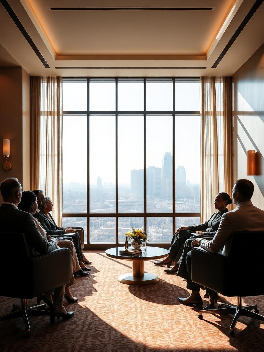 Executive meeting in a sunlit hotel with a city skyline