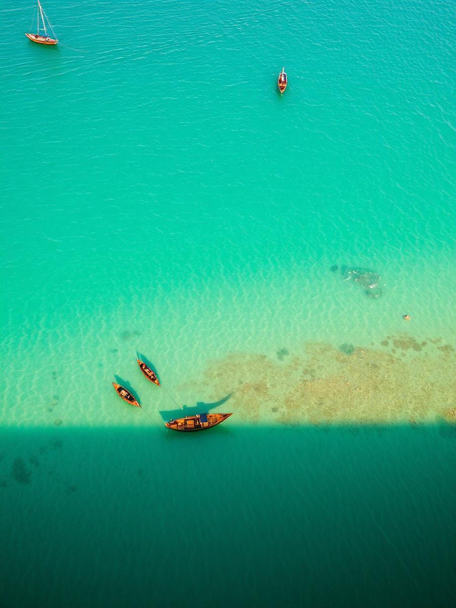 Turquoise Indian Ocean coastline with traditional dhows